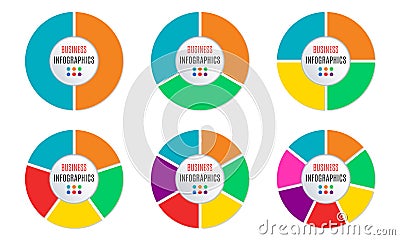 Pie chart set with 2,3,4,5,6 and 7 parts or sections. Circle diagram, graph, business presentation and chart. Modern wheel Vector Illustration